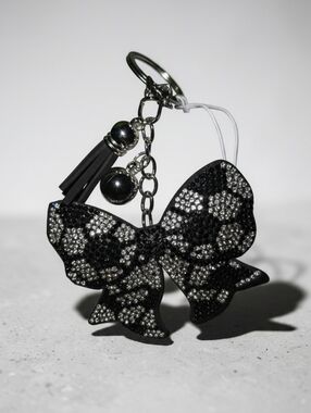 Nwt Sassified Boutique Black Sparkly Soccer Bow Keychain with Tassel and Beads